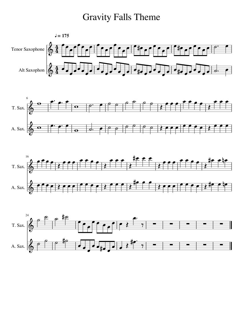 Gravity Falls Theme Sheet Music For Tenor Saxophone Alto
