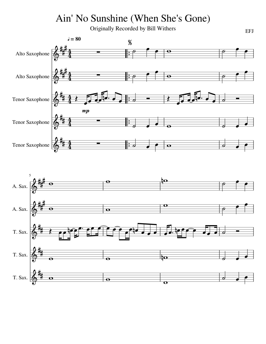 Ain't No Sunshine Saxophone Group w/Solo Tenor sheet music for Alto Saxophone, Tenor Saxophone