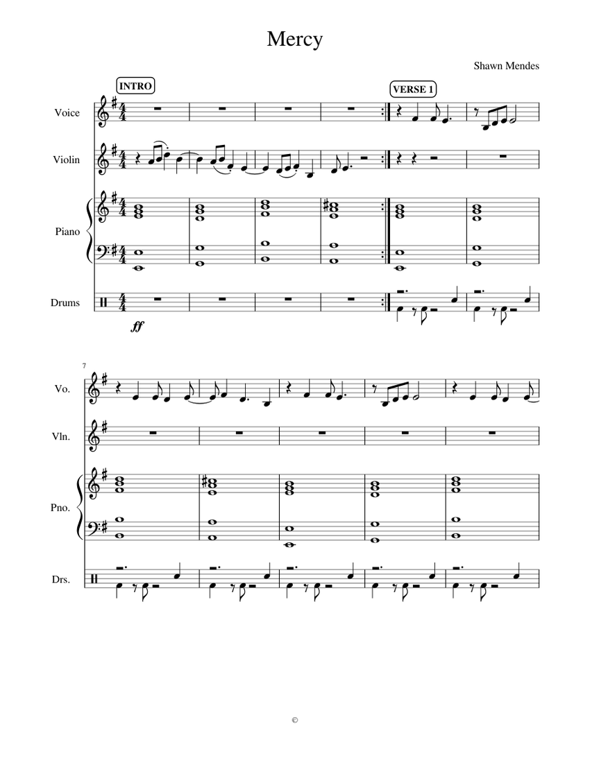 Mercy Shawn Mendes Sheet Music For Piano Violin Drum Group Mixed Quartet Musescore Com