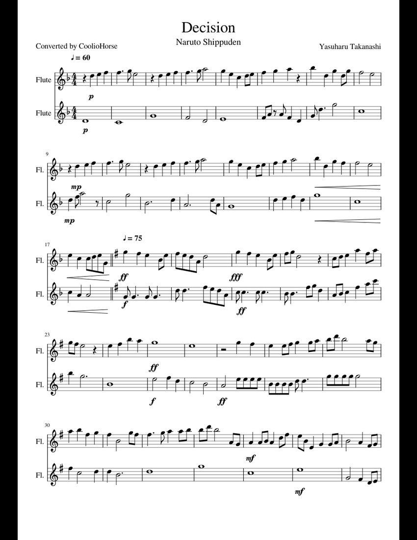 Decision Naruto Shippuden OST Flute Duet sheet music for Flute download free in PDF or MIDI