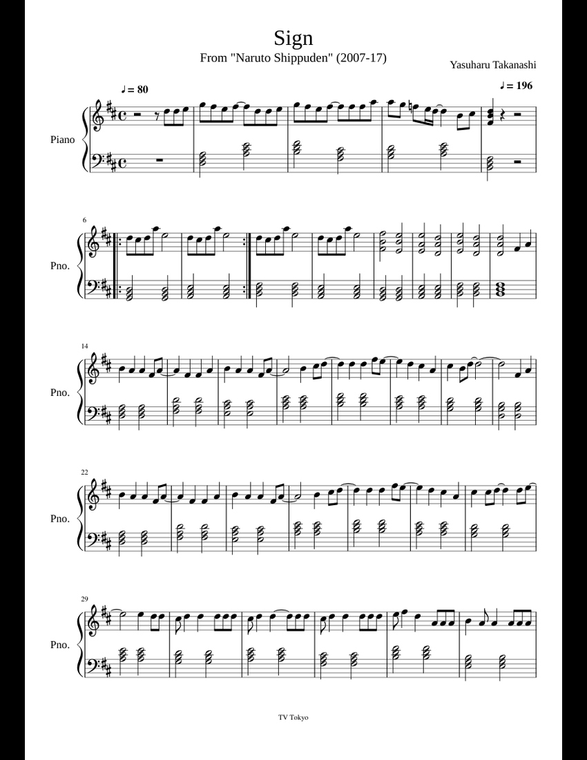 Sign - Naruto Shippuden sheet music for Piano download free in PDF or MIDI