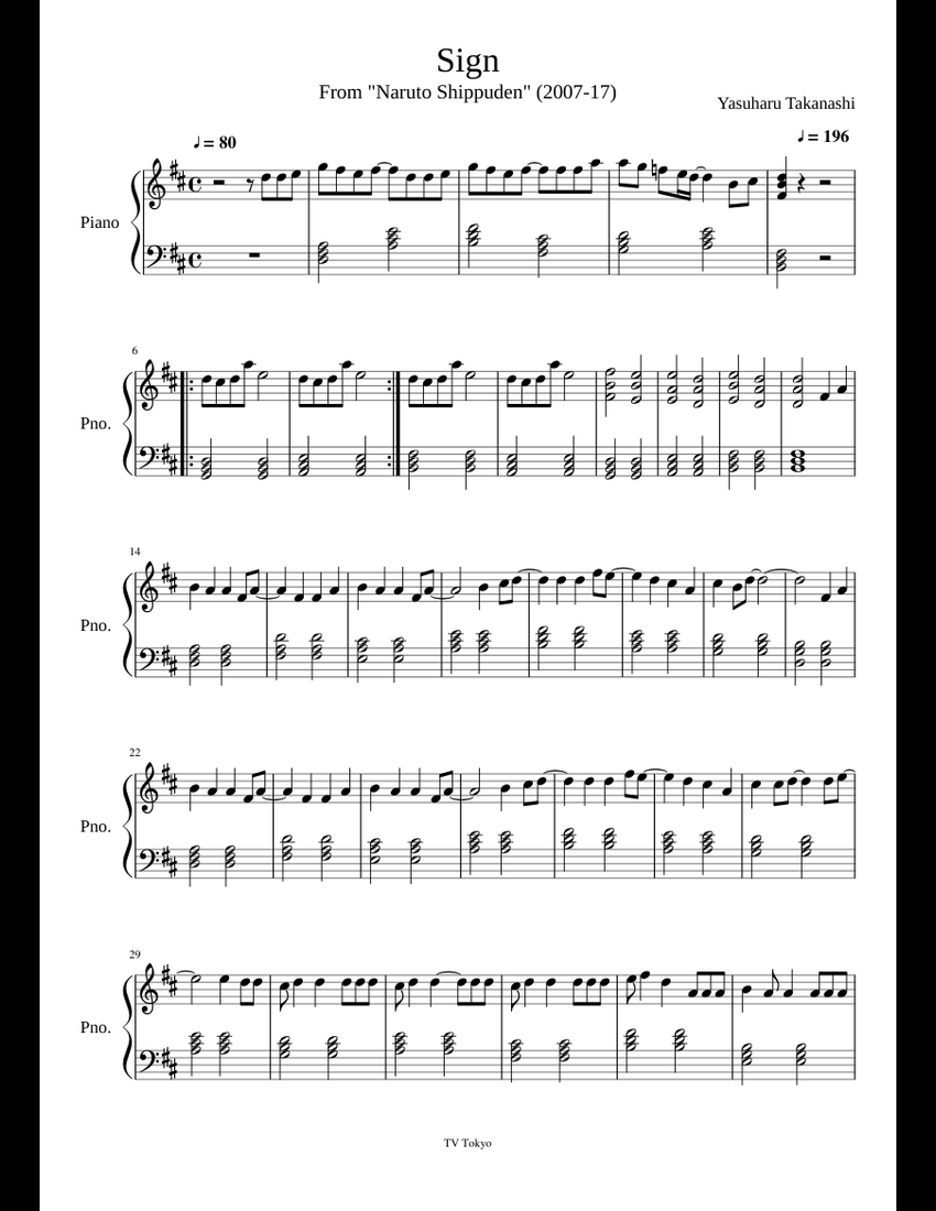 Sign Naruto Shippuden sheet music for Piano download free in PDF or MIDI