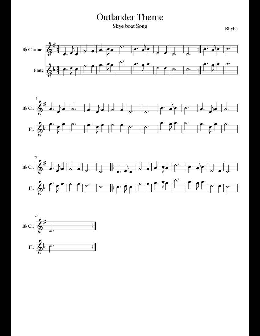 Outlander Theme sheet music for Clarinet, Flute download free in PDF or MIDI