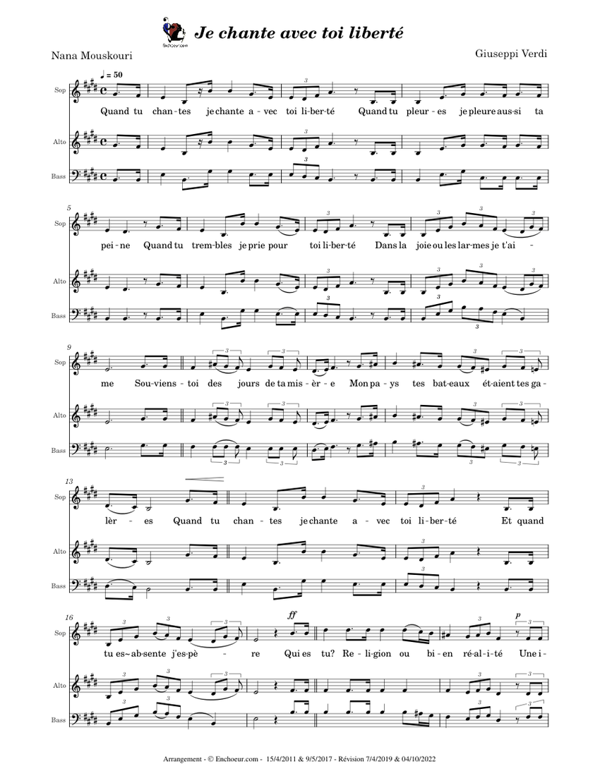 Je chante avec toi liberté sheet music for Piano download free in PDF