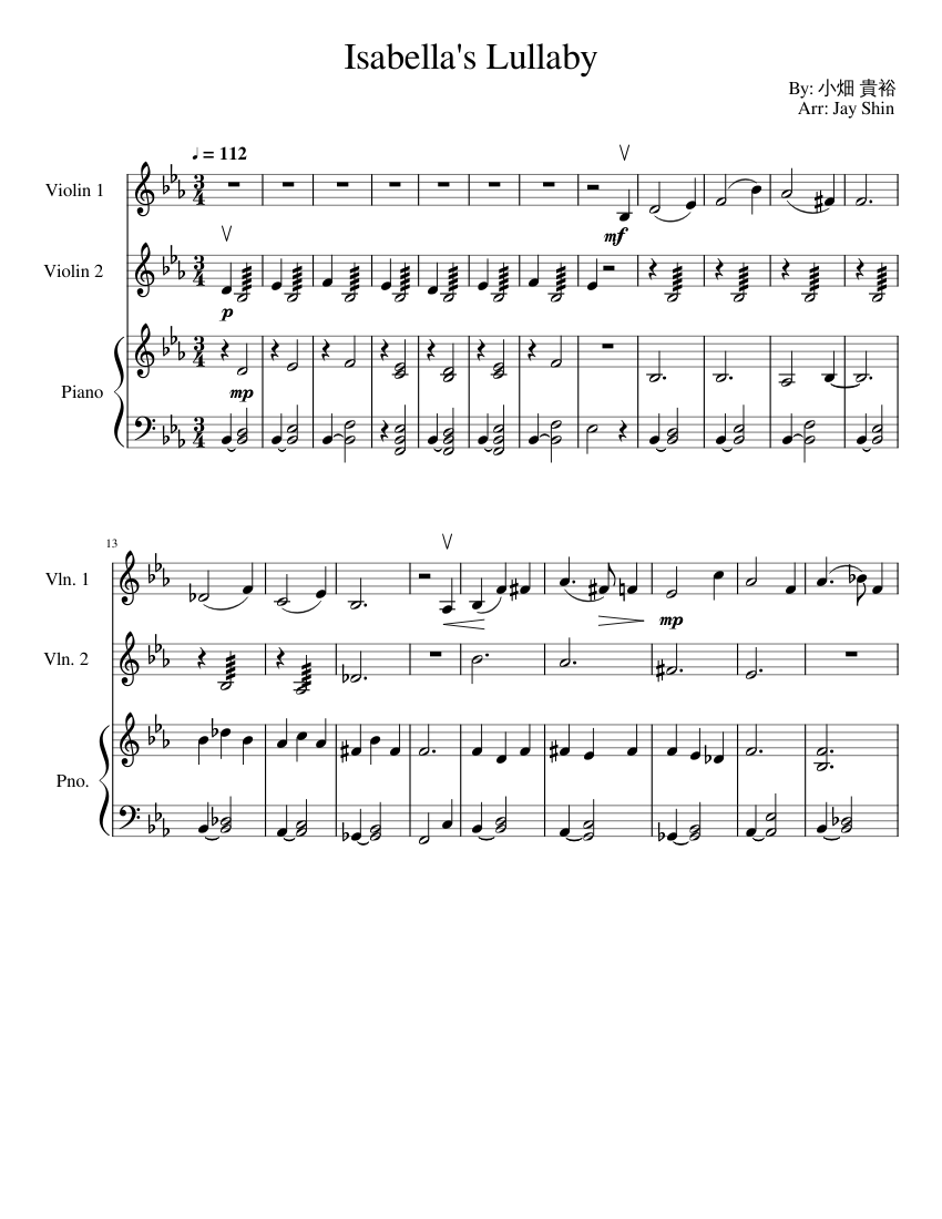 Isabella's Lullaby (Piano, Violin 1, Violin 2) sheet music for Violin