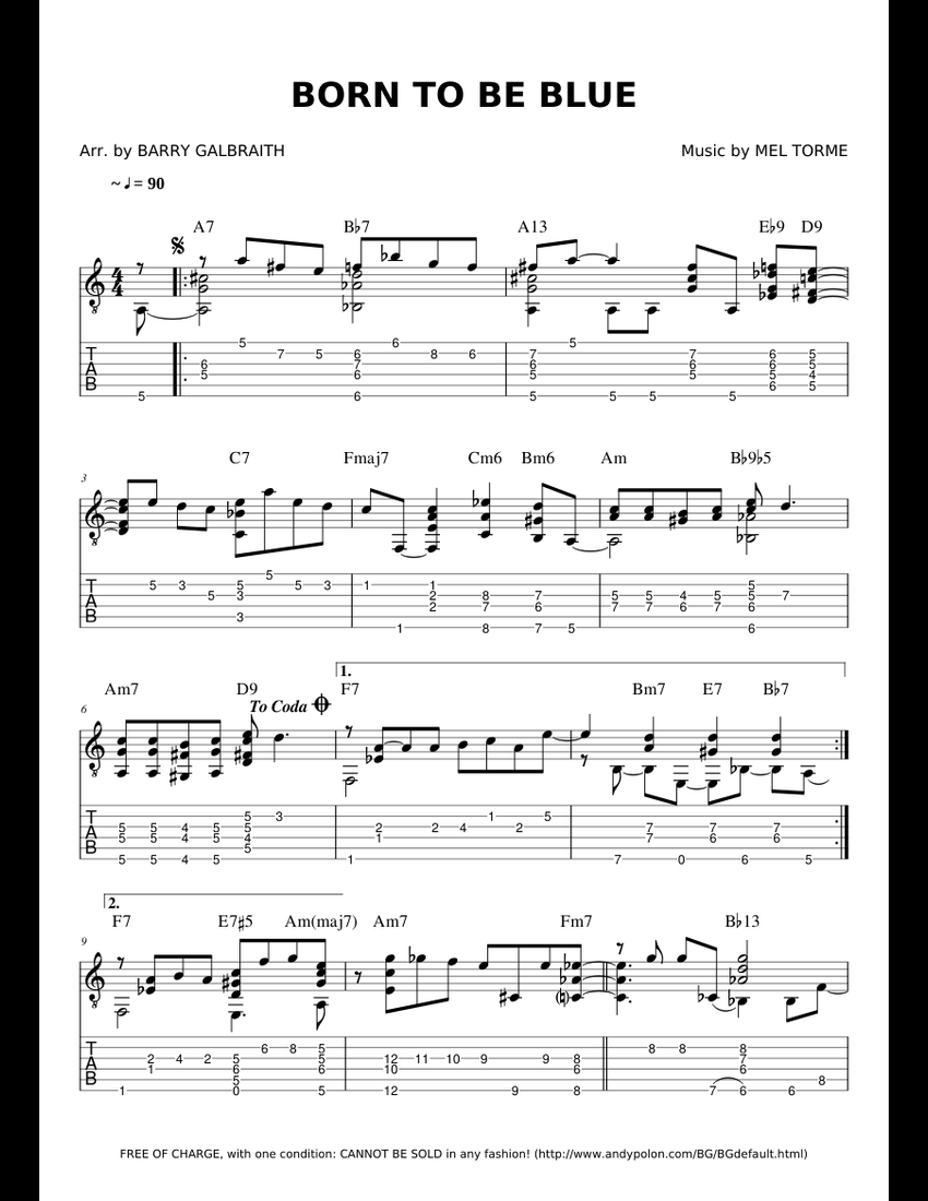 Born To Be Blue - Guitar Chord Melody sheet music for ...