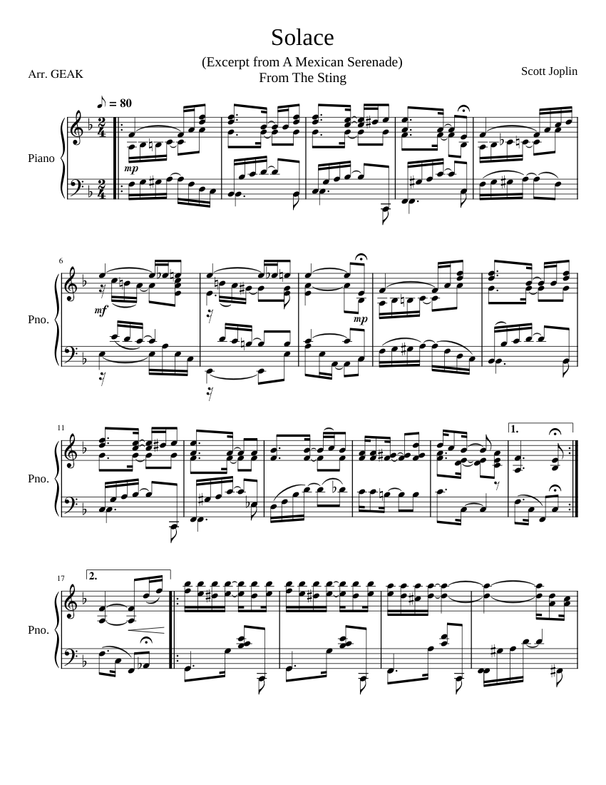 Solace sheet music for Piano download free in PDF or MIDI