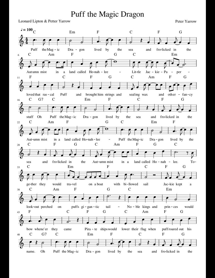 Puff the Magic Dragon sheet music for Piano download free in PDF or MIDI