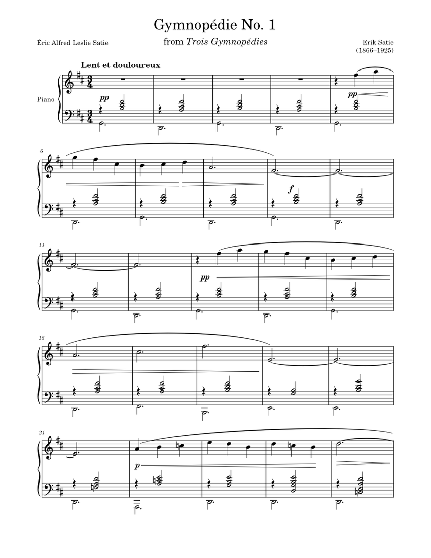 Gymnopédie No. 1 sheet music for Piano download free in PDF or MIDI