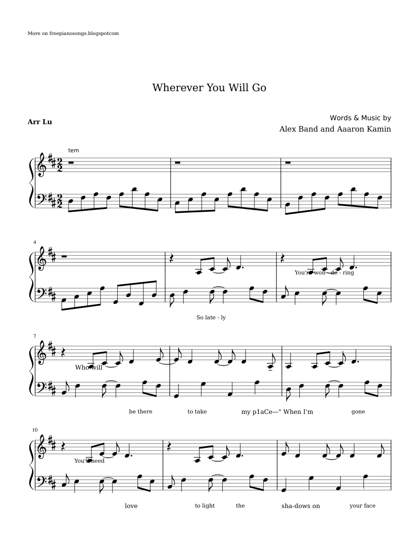 Wherever You Will Go sheet music for Piano download free in PDF or MIDI