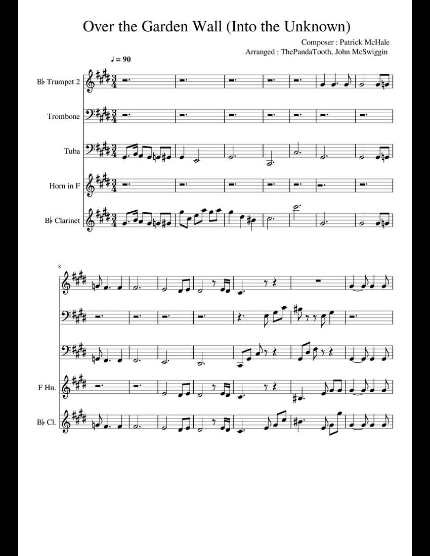 Over the Garden Wall Into the Unknown Brass Quintet + sheet music for