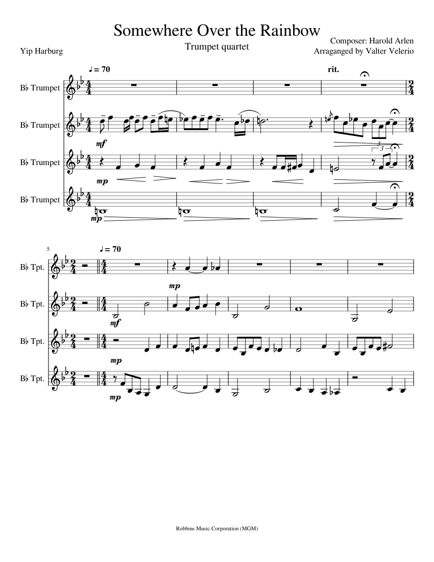 Somewhere Over the Rainbow Trumpet Quartet Sheet music for Trumpet (In