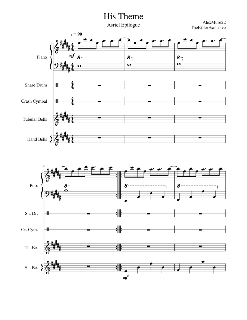 His Theme Sheet music for Piano, Snare Drum, Crash, Tubular Bells