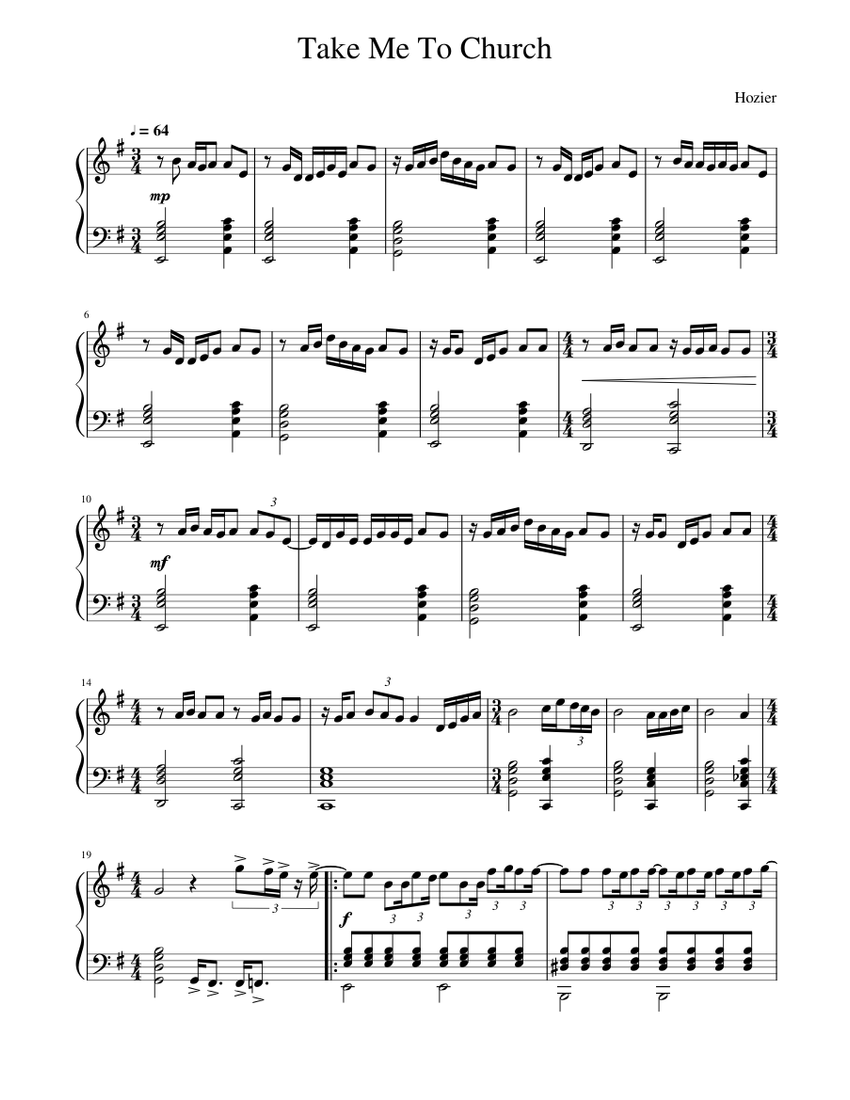 Take Me To Church Hozier Sheet Music For Piano Download Free In Pdf Or Midi 9888