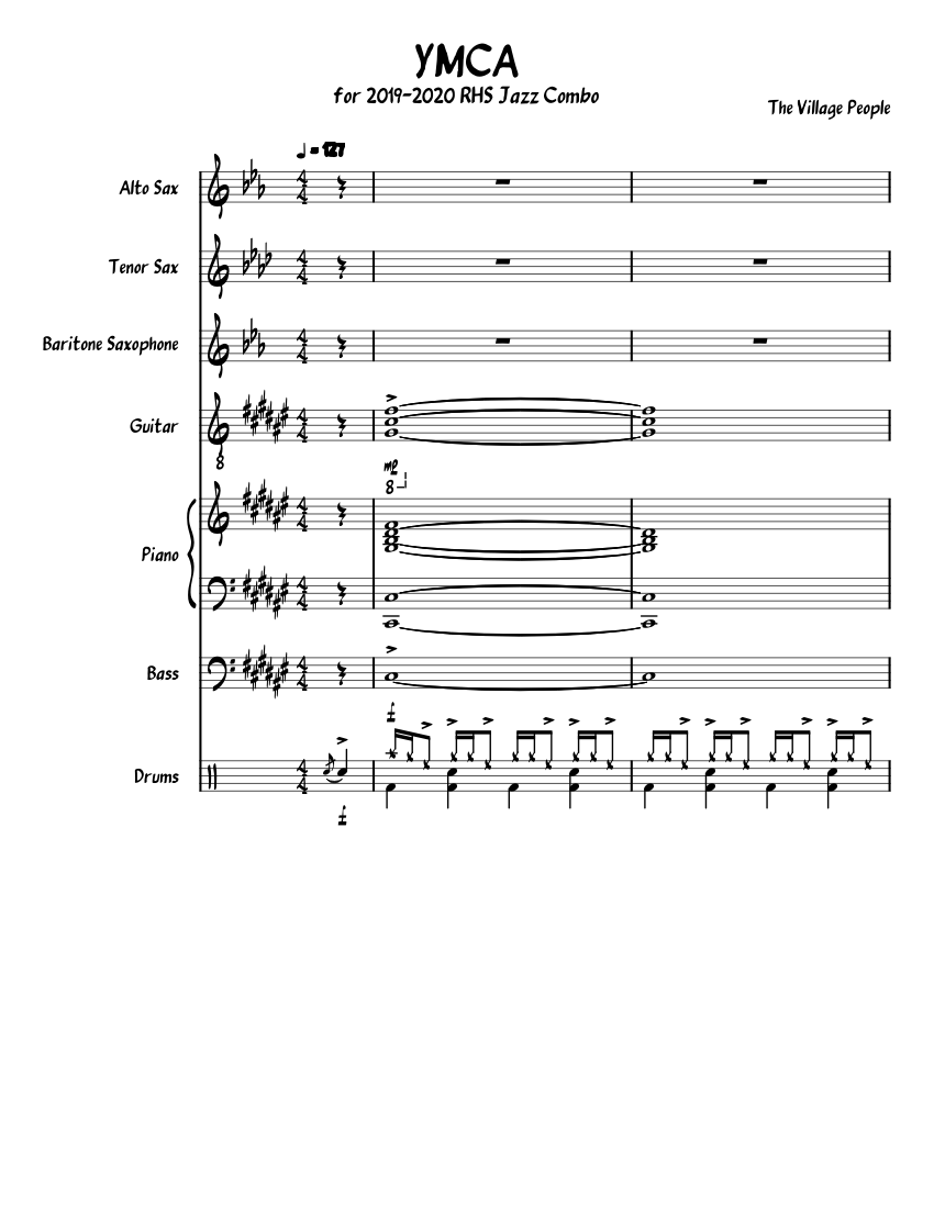YMCA Sheet music for Piano, Drum Group, Saxophone (Alto), Saxophone