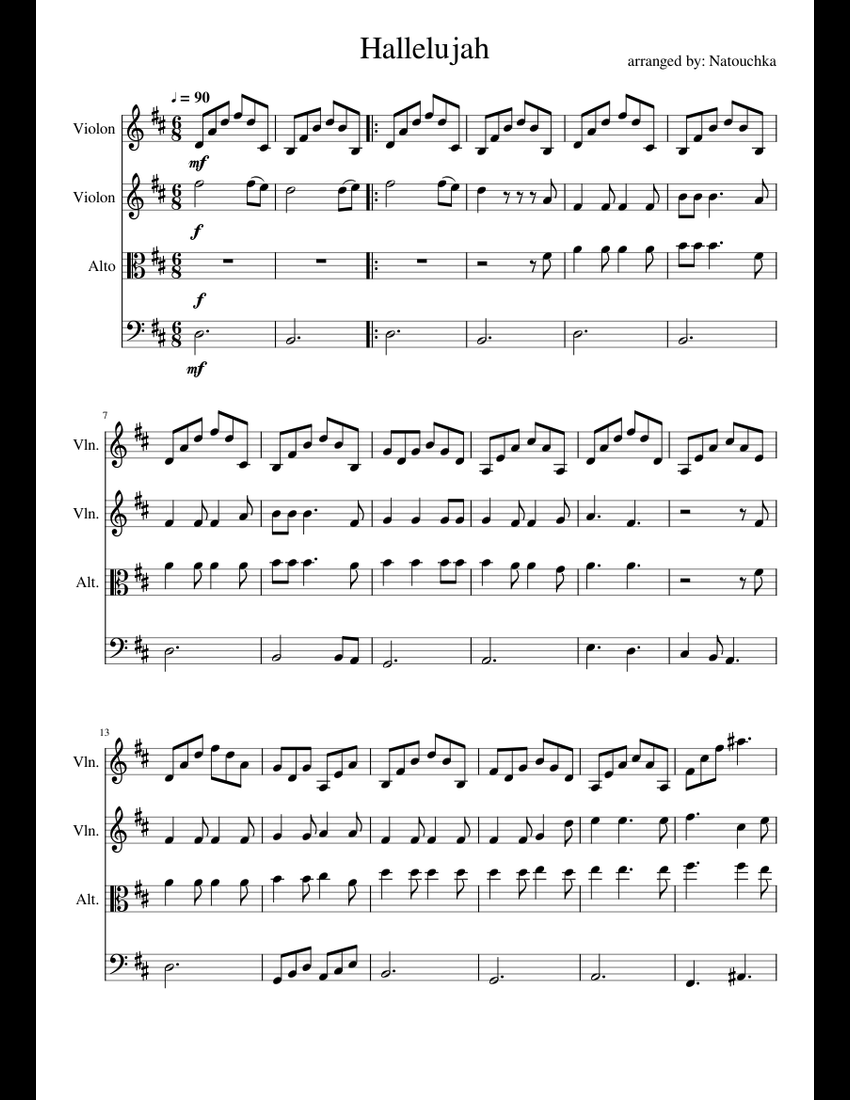 Hallelujah (Cohen) string quartet sheet music for Violin, Viola