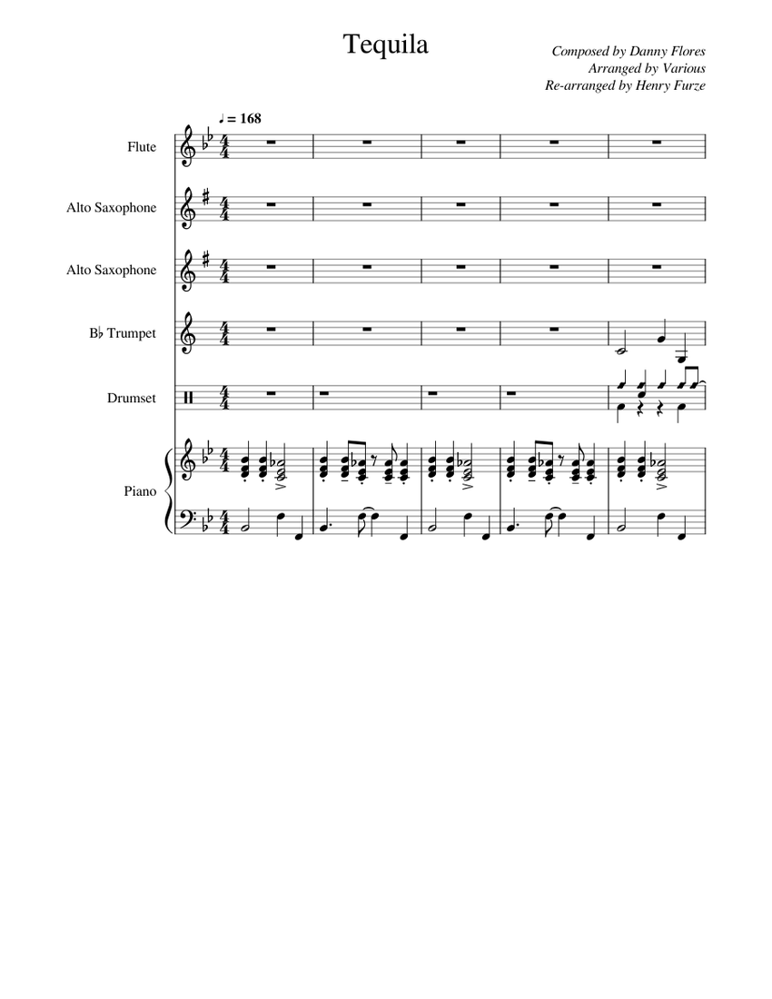 Tequila Sheet music for Piano, Trumpet (In B Flat), Flute, Drum Group