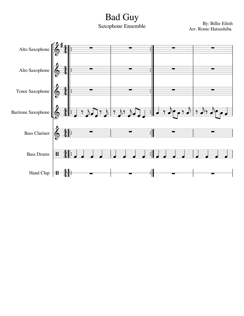 Bad Guy Ensemble sheet music for Alto Saxophone, Tenor