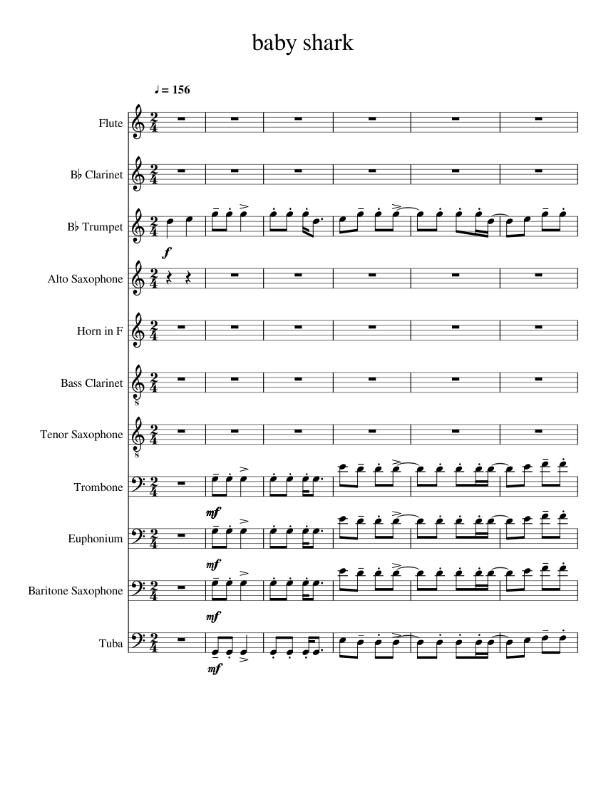 Baby shark sheet music for Flute, Clarinet, Trumpet, Alto Saxophone