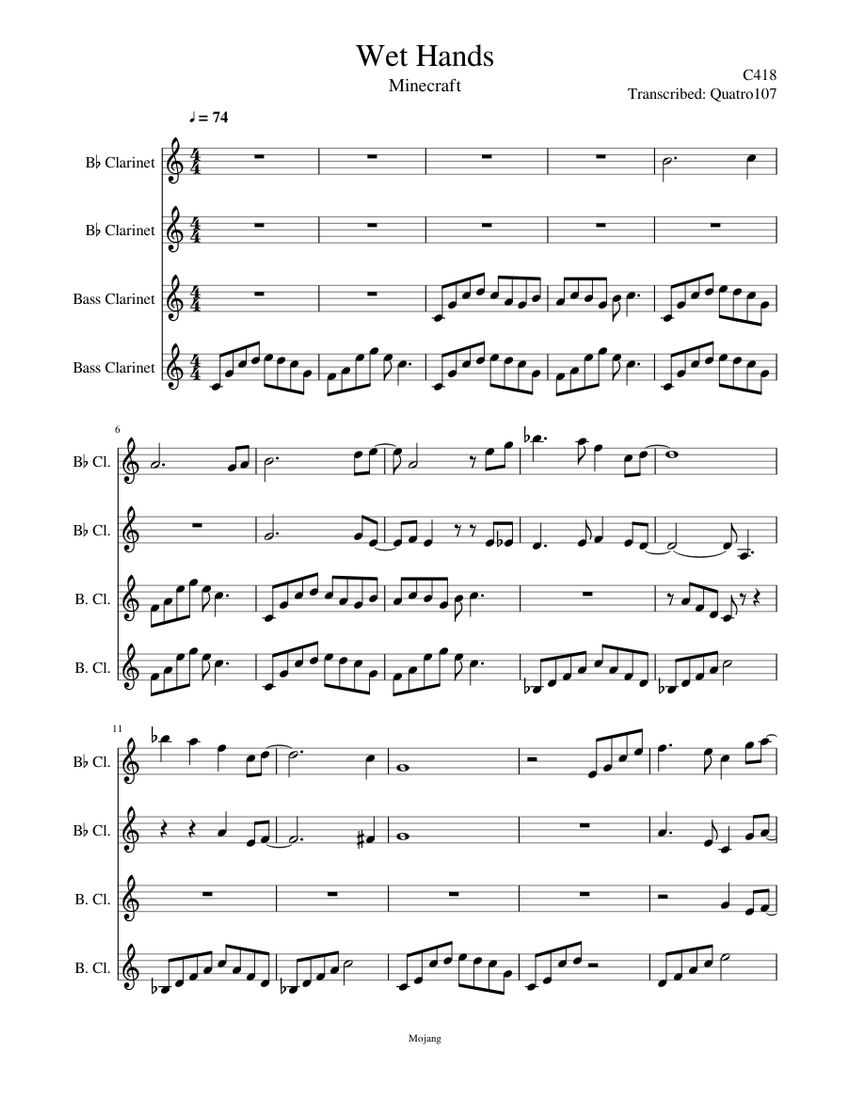 Wet Hands From Minecraft Sheet Music For Clarinet Download Free