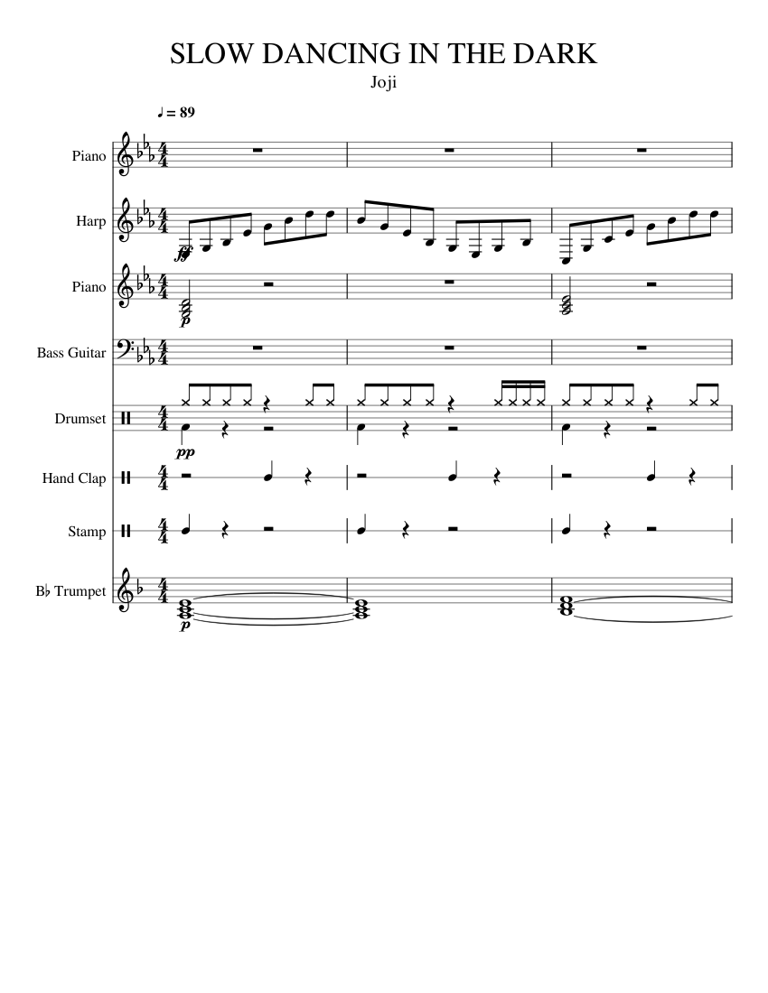 SLOW DANCING IN THE DARK sheet music for Piano, Harp, Bass, Percussion