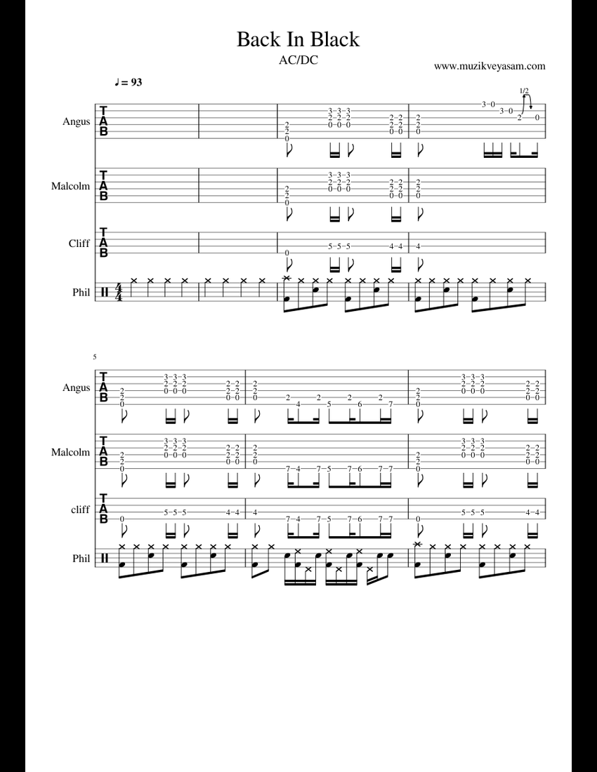 Back In Black sheet music for Guitar, Bass, Percussion download free in ...