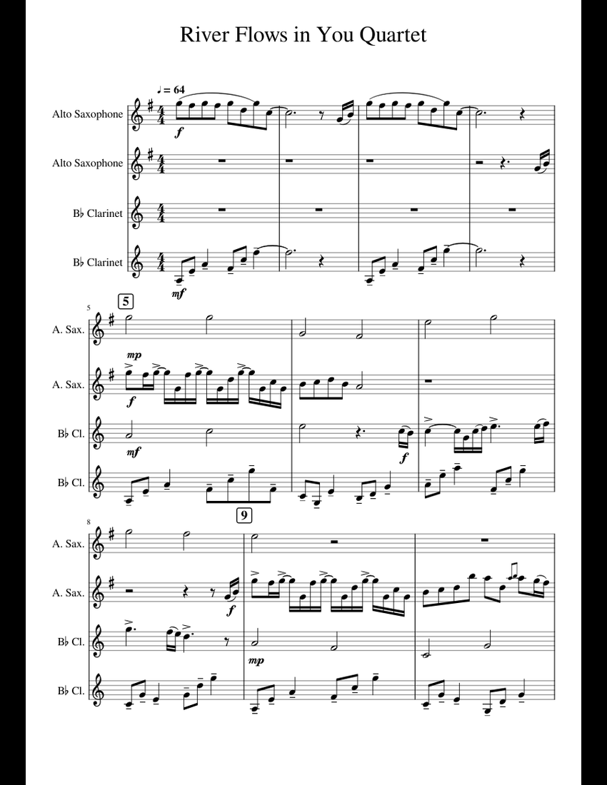 River Flows in You Quartet sheet music for Clarinet, Alto Saxophone