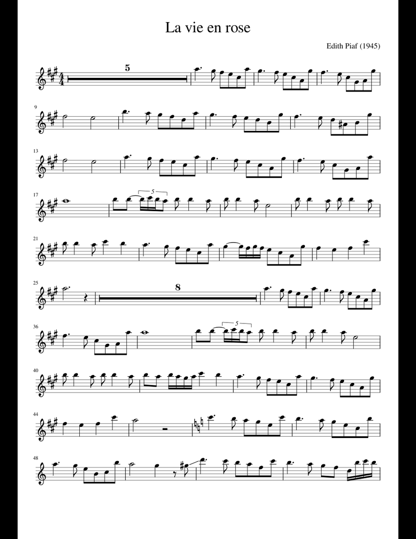 La vie en rose - Edith Piaf (1945) sheet music for Alto Saxophone ...