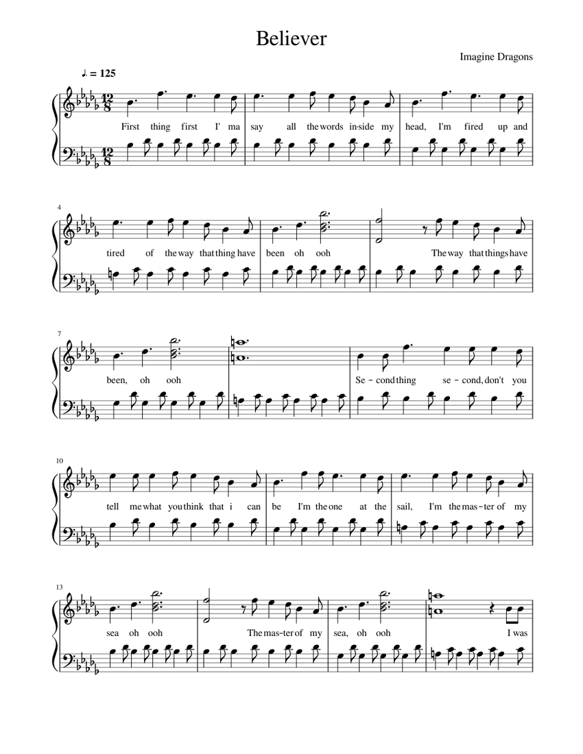 Believer Sheet Music For Piano Solo 