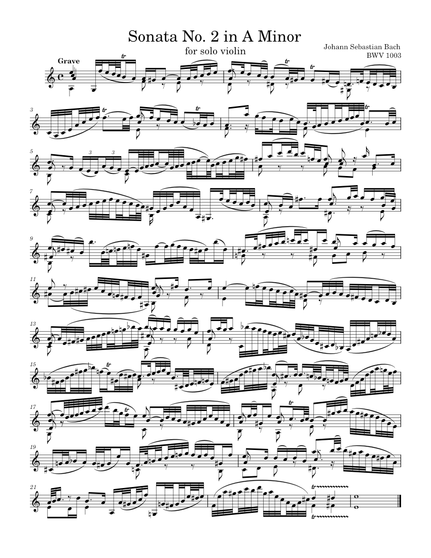 Solo Violin Sonata No. 2 in A Minor - J. S. Bach, BWV 1003 sheet music ...