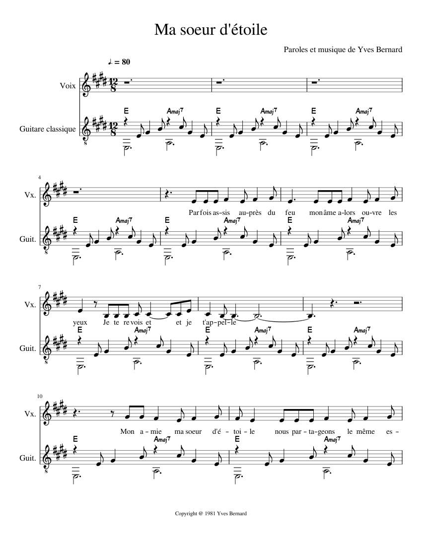 Ma Soeur D Etoile Sheet Music For Voice Guitar Download Free In Pdf Or Midi Musescore Com