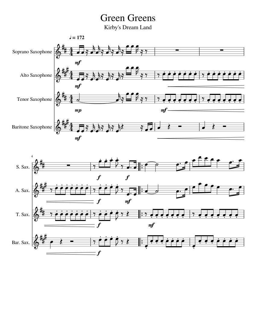 Green Greens Sax Quartet Sheet music for Soprano Saxophone, Alto Saxophone, Tenor Saxophone