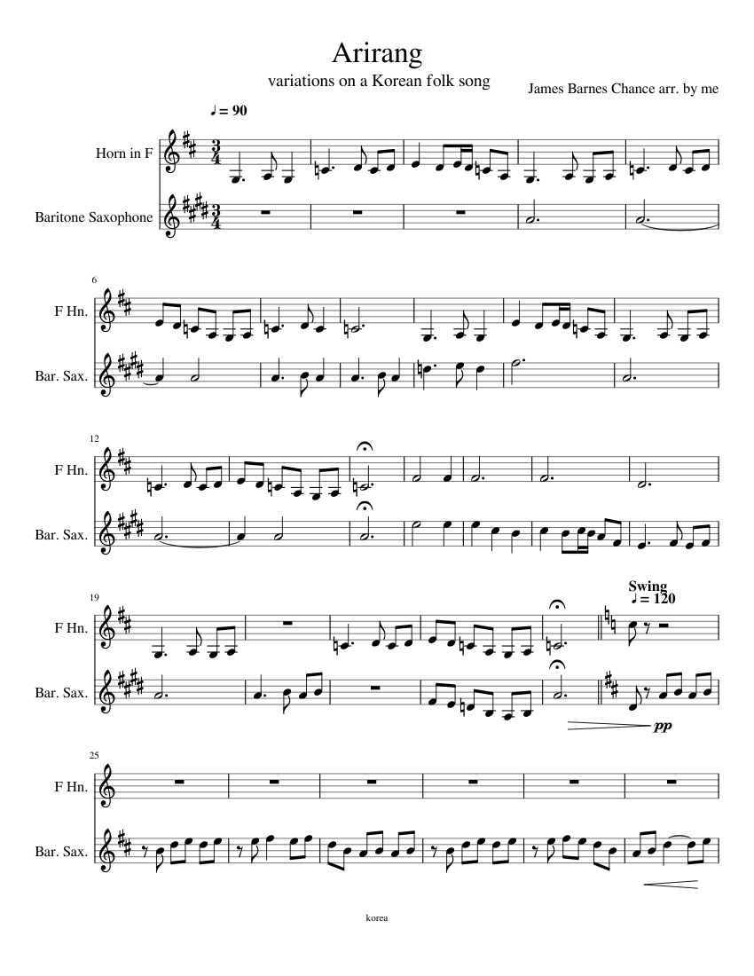 Arirang Sheet music for French Horn, Saxophone (Baritone) (Mixed Duet