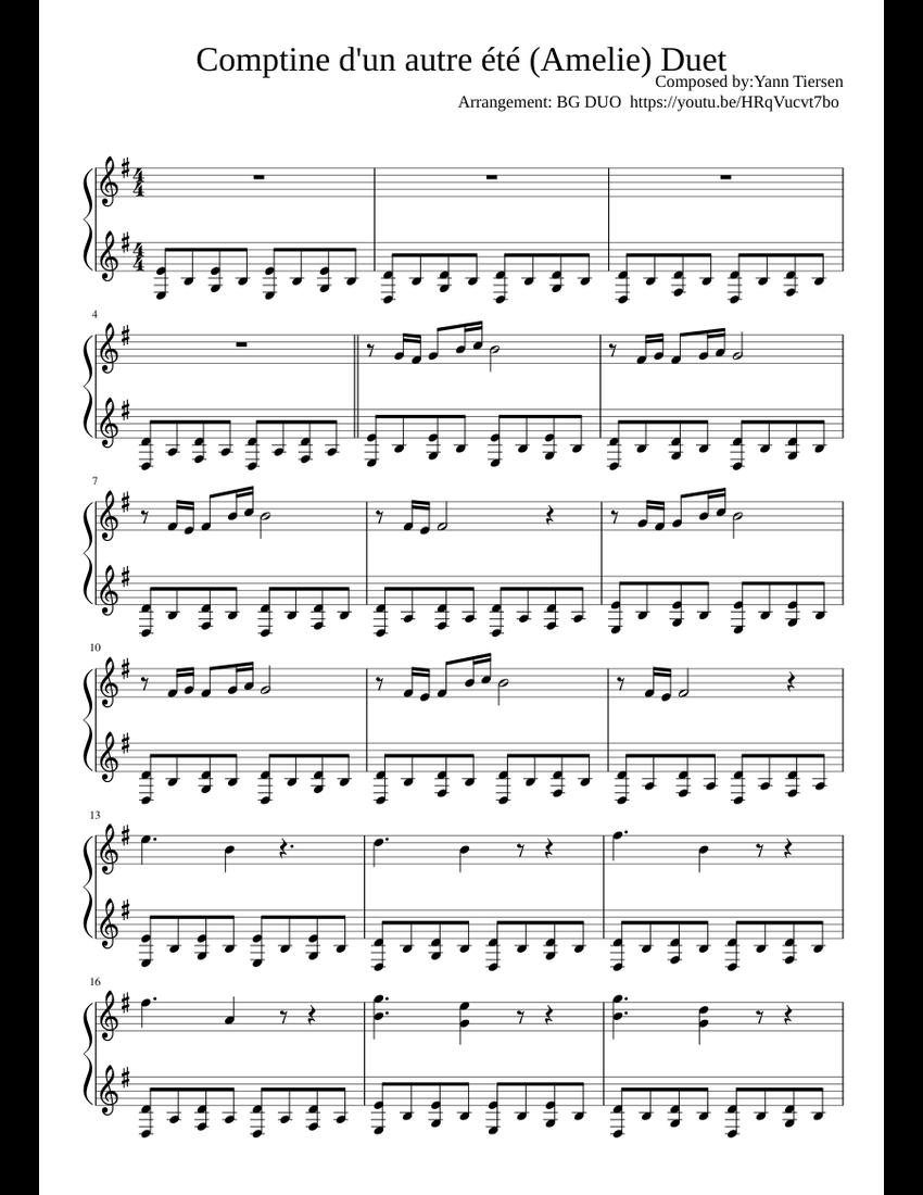 Comptine d'un autre été (Amelie) Duet sheet music for Piano download