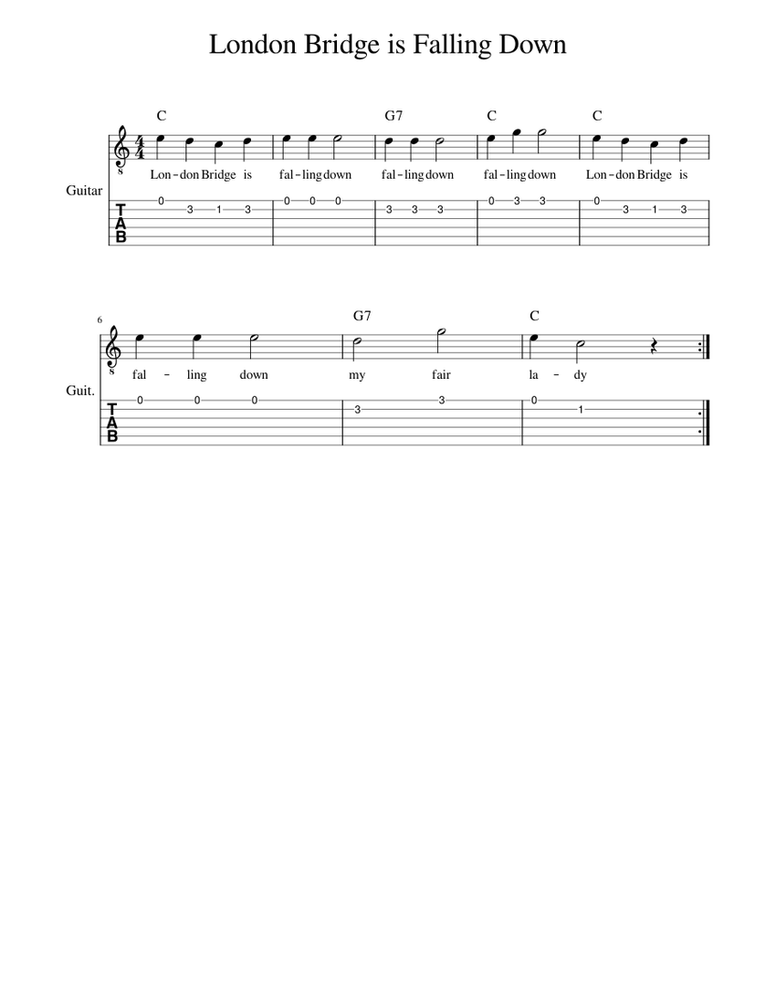 London Bridge is falling down Easy Guitar Lesson for Beginner Tabs