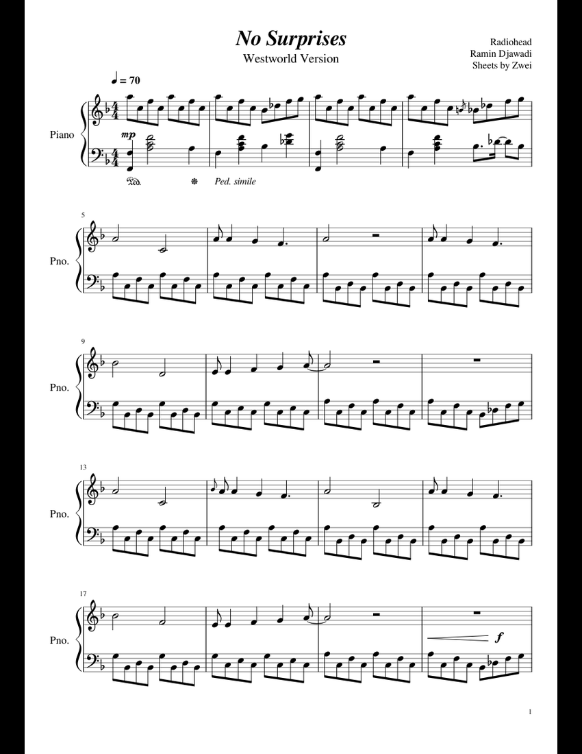 No Surprises - Westworld Version sheet music for Piano download free in
