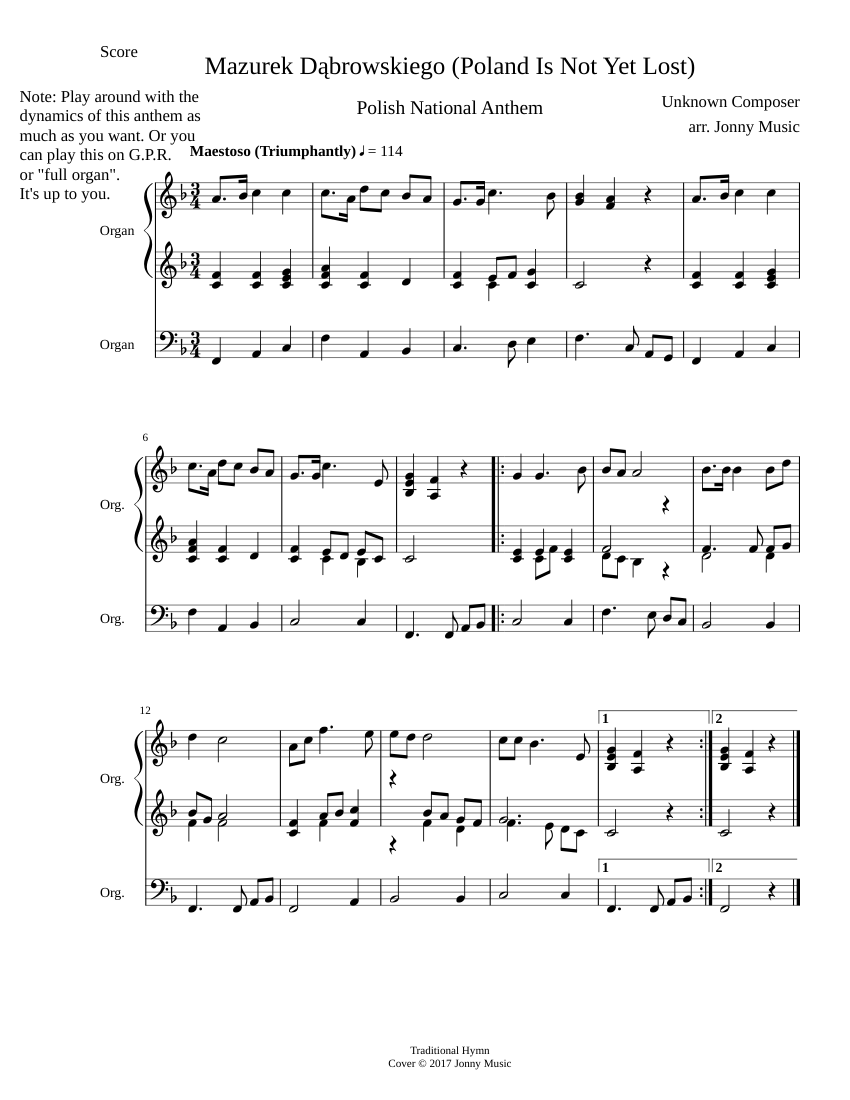 Mazurek Dąbrowskiego (Polish National Anthem) Organ Cover sheet music