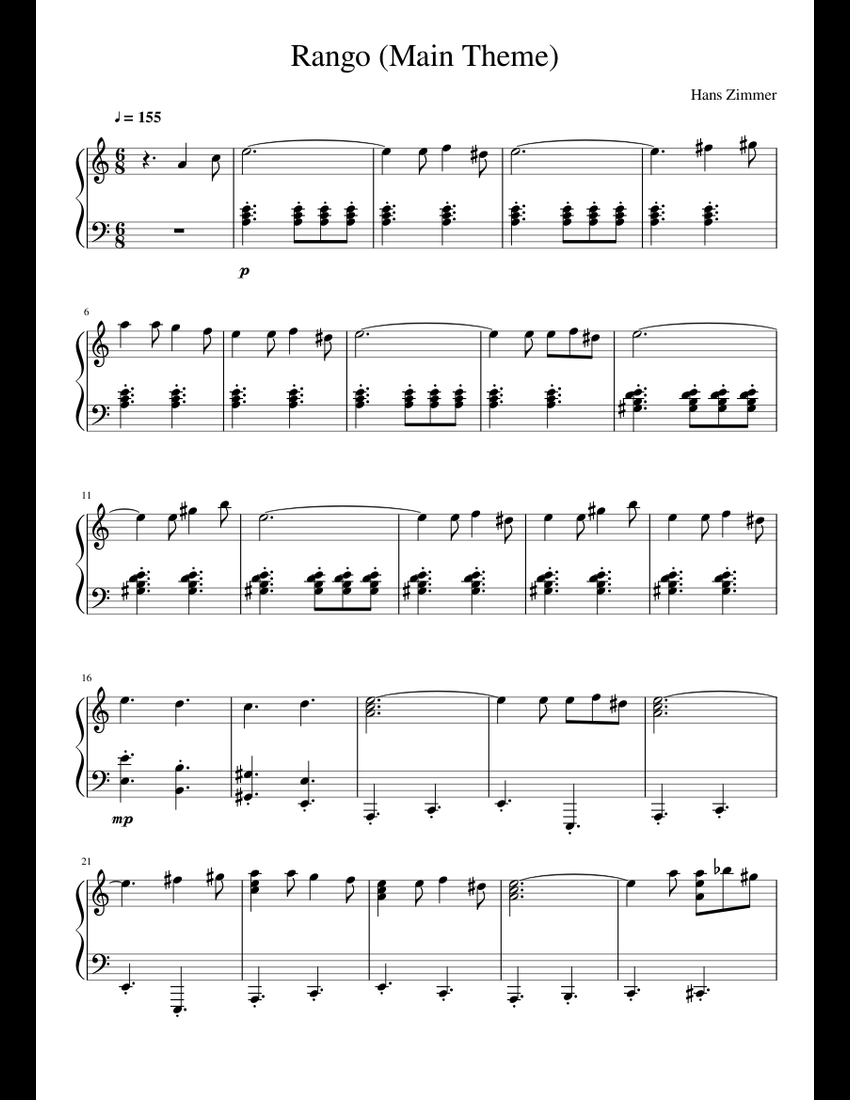 Hans Zimmer - Rango Suite (Piano) sheet music for Piano download free