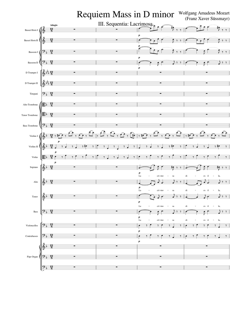Mozart Requiem Mass in D minor Lacrimosa Sheet music for