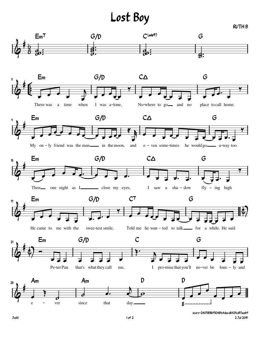 Lost_Boy sheet music for Piano download free in PDF or MIDI