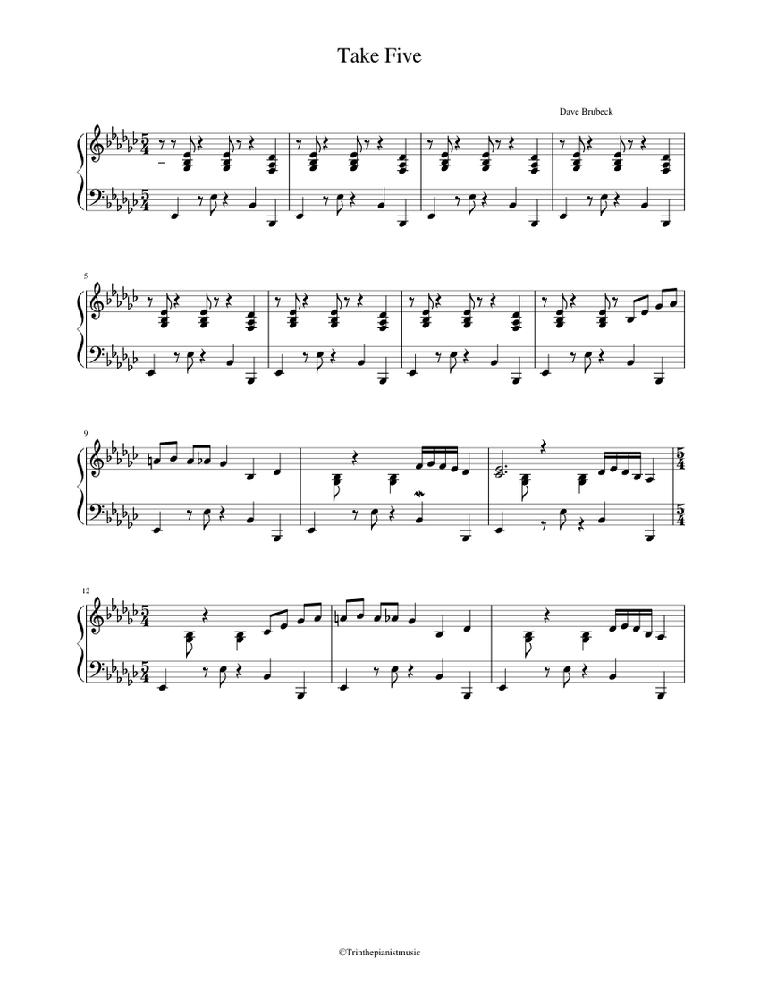 TAKE FIVE (EASY) PIANO Sheet music for Piano (Solo) | Musescore.com