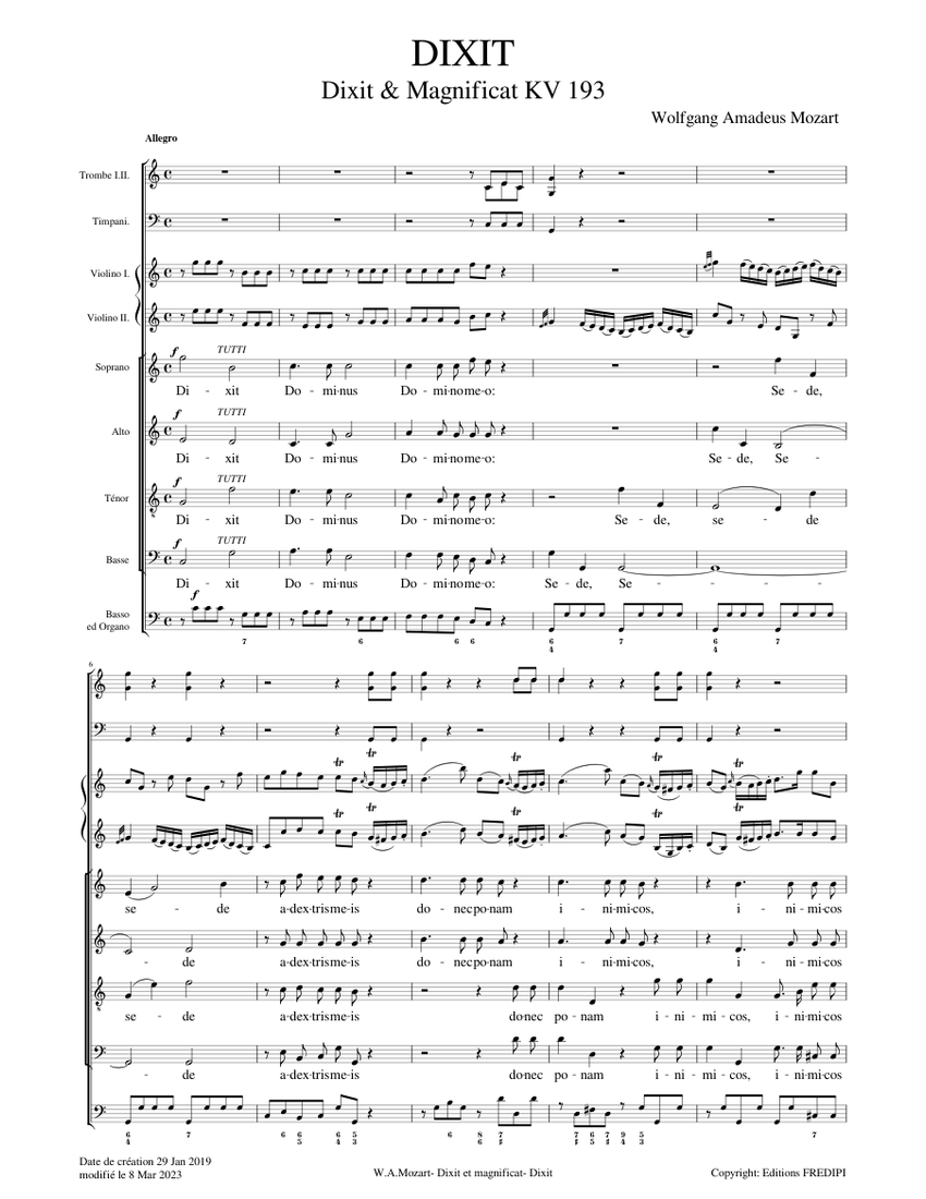 Mozart Dixit Et Magnificat Kv 193 01 Dixit Sheet Music For Piano