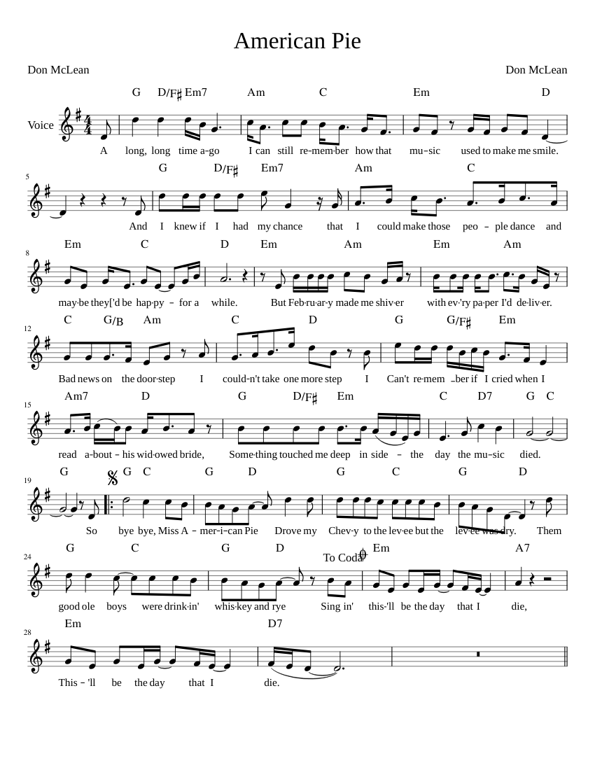 American Pie sheet music for Voice download free in PDF or MIDI