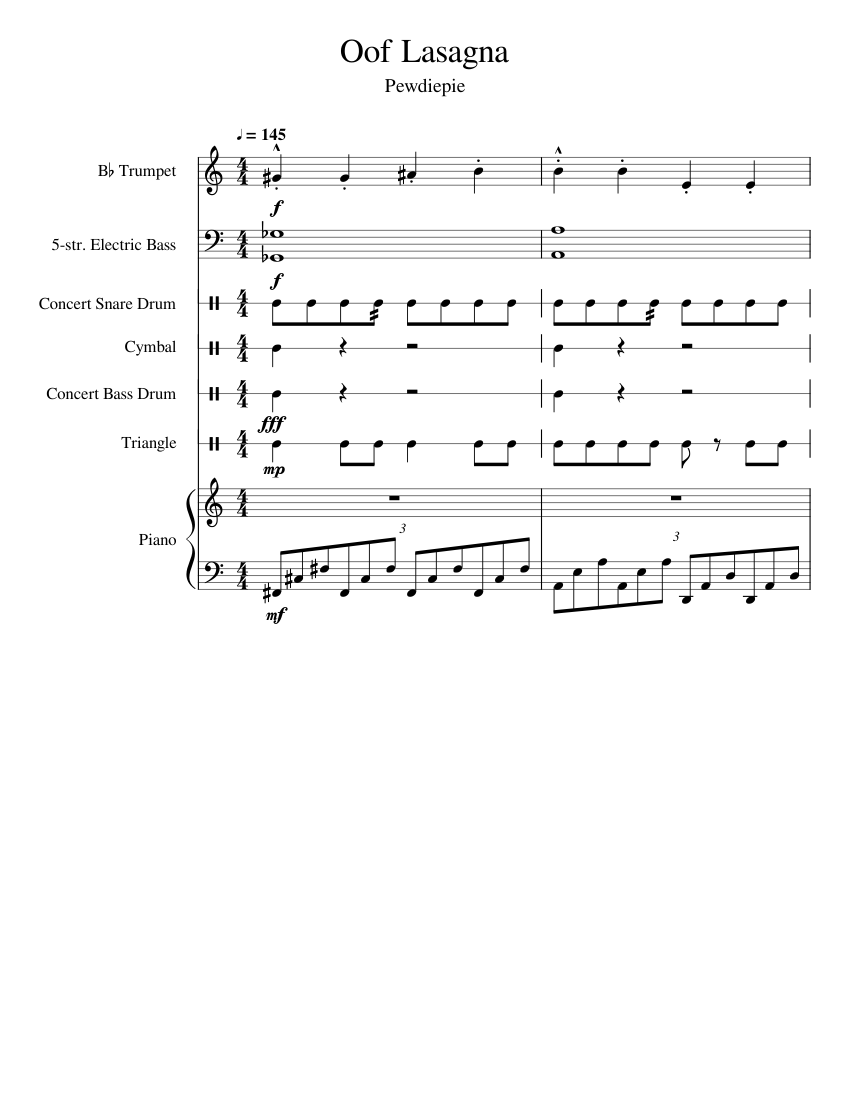 Bitch Lasagna Sheet Music For Piano Trumpet Bass Percussion