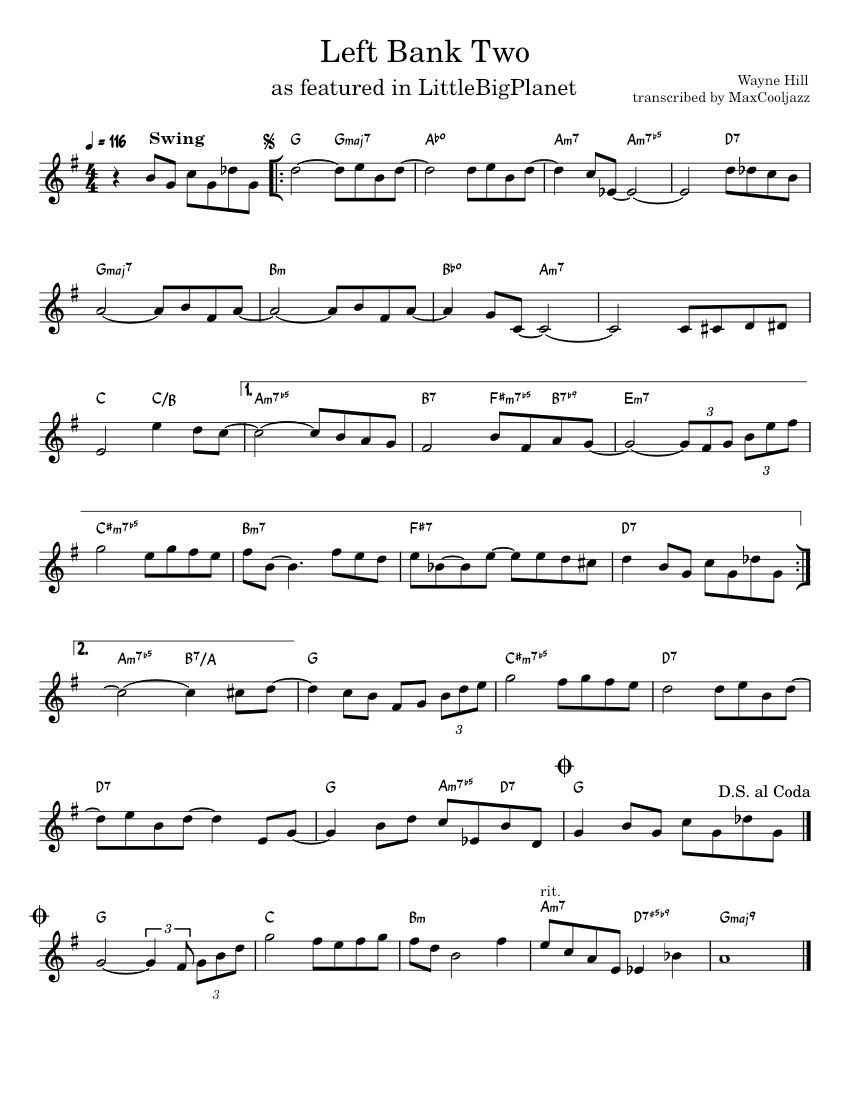 Left Bank Two Sheet music for Piano Download free in PDF or MIDI