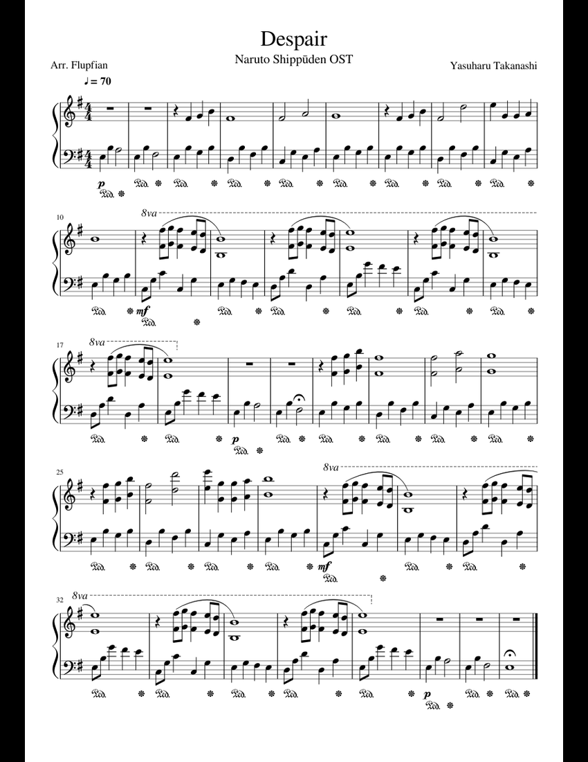 Despair - Naruto Shippūden OST sheet music for Piano download free in