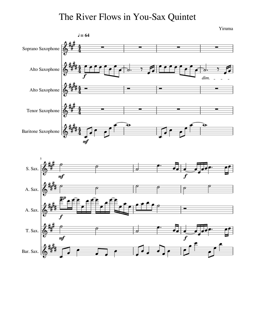 The River Flows in You for Saxophone Quintet Sheet music for Saxophone