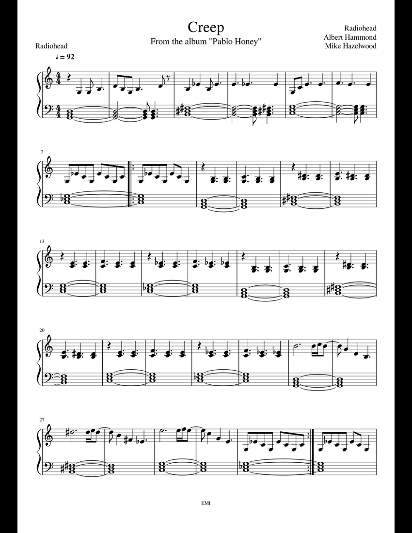 Creep - Radiohead (Solo Piano) sheet music for Piano download free in