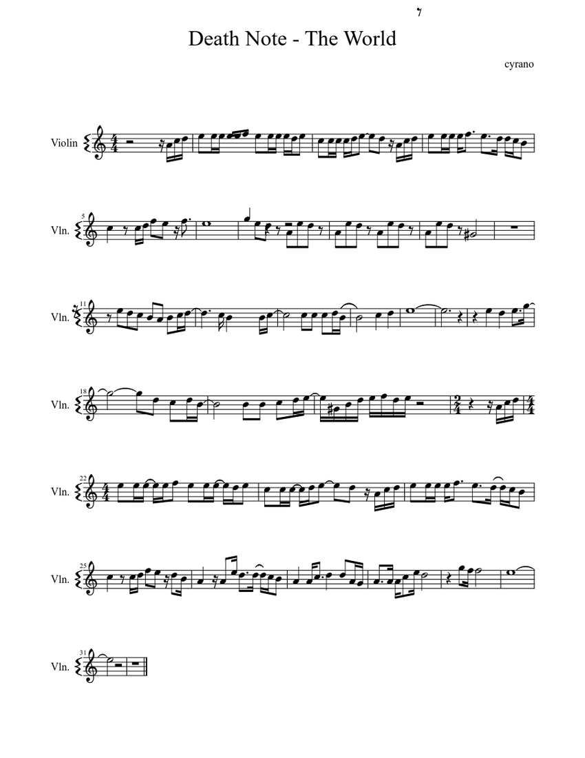 Death Note Opening- The World (Violin) Sheet music | Download free in