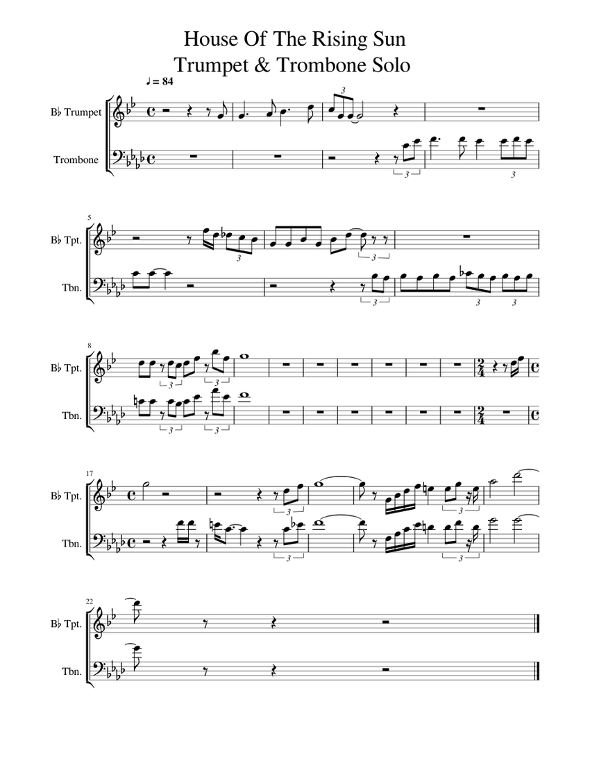 House Of The Rising Sun Trumpet Trombone solo Sheet music for Trumpet